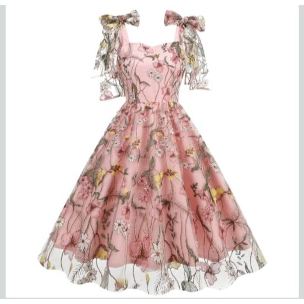 Vintage-Style Pink Floral Embroidered Dress With Bow-Tie Straps & Mesh Overlay F